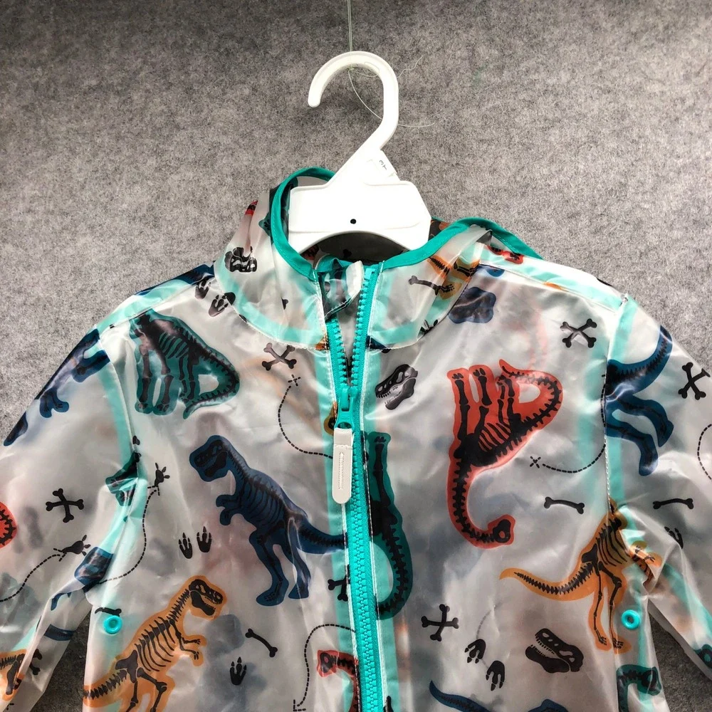 Lily & Dan Dinosaur Skeleton Raincoat Boys XS 4-5 Clear Teal Hooded Jacket Zip